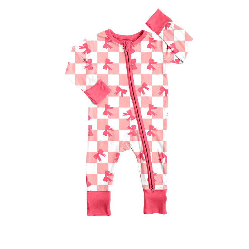 preorder LR1298 pink bows checkered long sleeve zipper girls romper