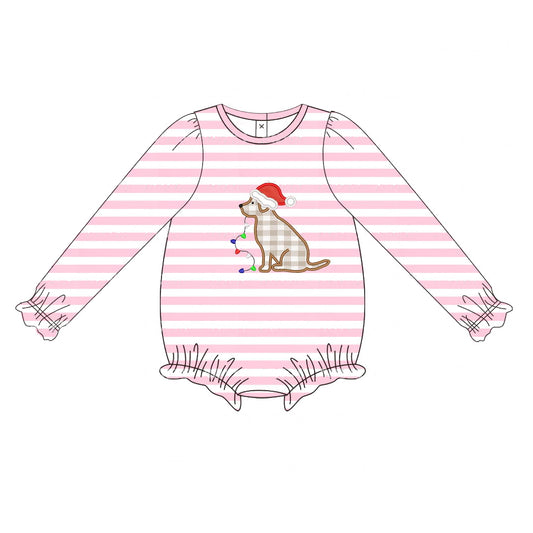 preorder LR1306 Christmas dog light pink striped long sleeve girls romper