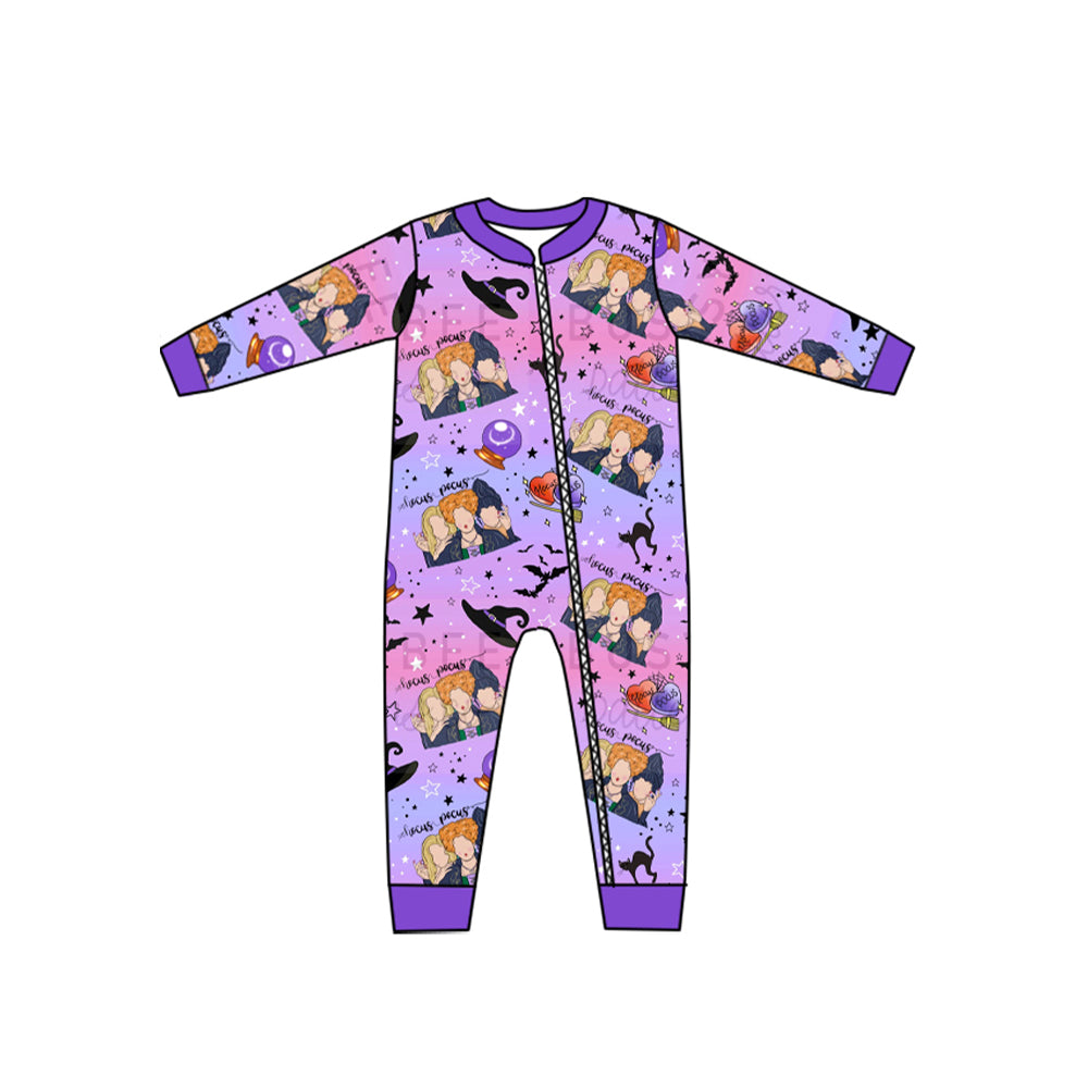 preorder LR1316 Halloween witch hat purple long sleeve girls zipper romper