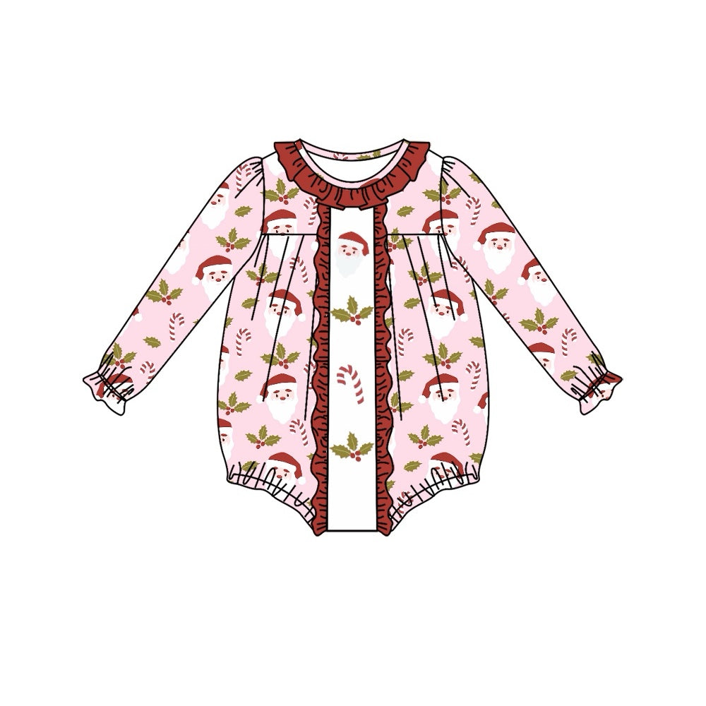 preorder LR1320 Christmas Santa Holly Berry cane candy long sleeve girls romper