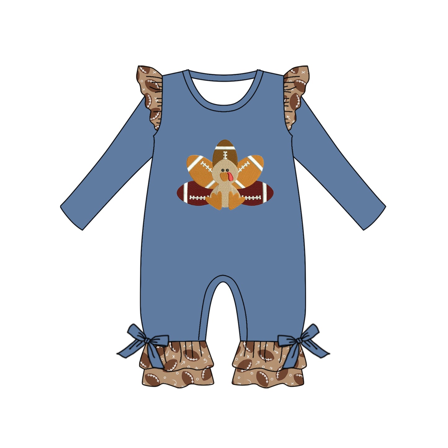 preorder LR1328 Thanksgiving turkey football blue long sleeve girls romper