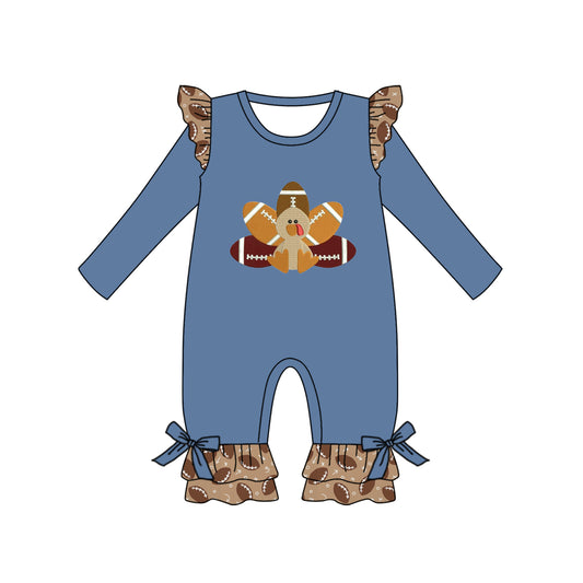 preorder LR1328 Thanksgiving turkey football blue long sleeve girls romper