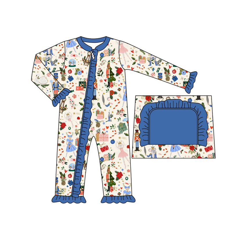 preorder LR1333 Christmas cartoon soldier blue long sleeve zipper girls romper