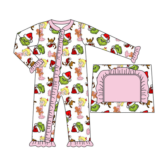 preorder LR1336 Christmas green face girl pink long sleeve zipper girls romper