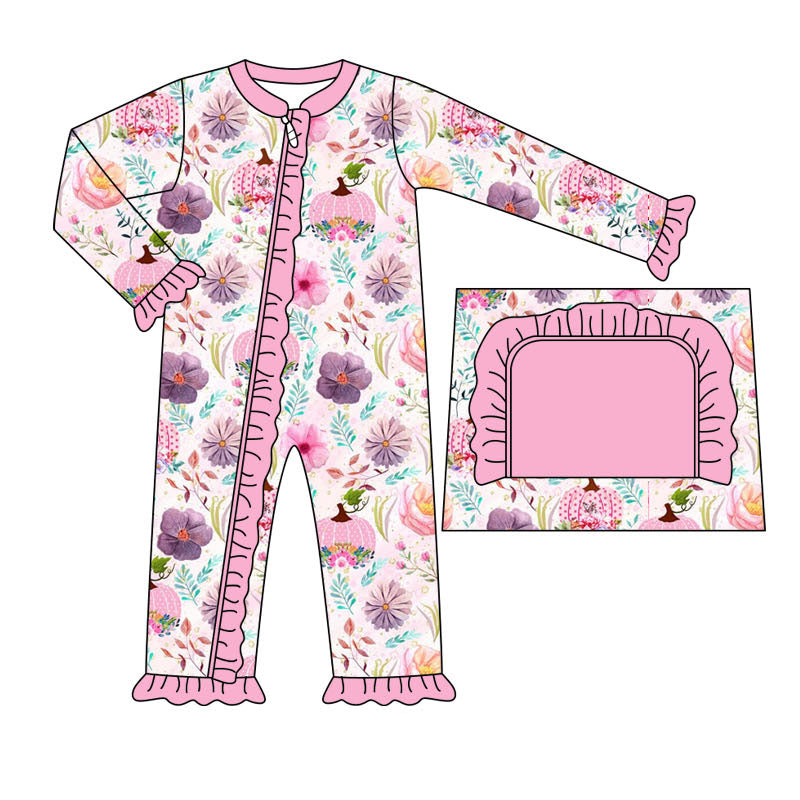 preorder LR1340 on October we wear pink pumpkin long sleeve zipper girls romper