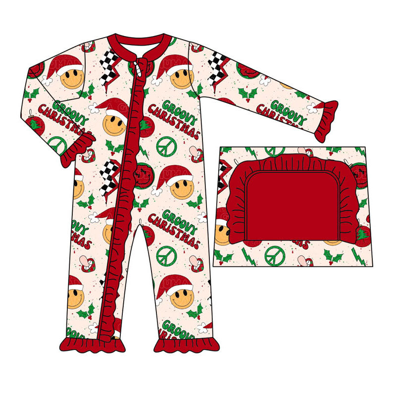 preorder LR1348 Christmas smile hat red long sleeve zipper girls romper