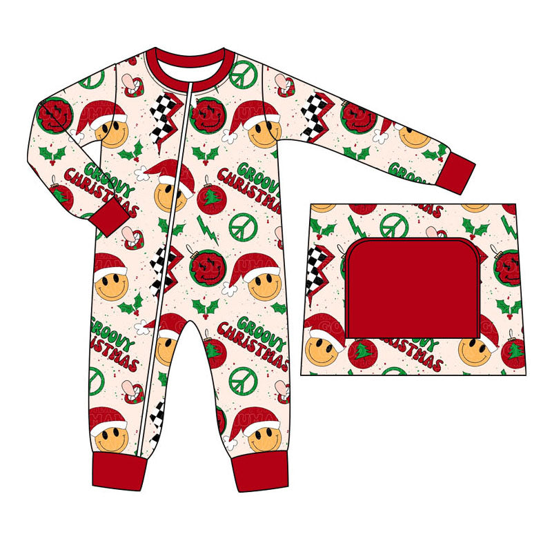 preorder LR1349 Christmas smile hat red long sleeve zipper boys romper