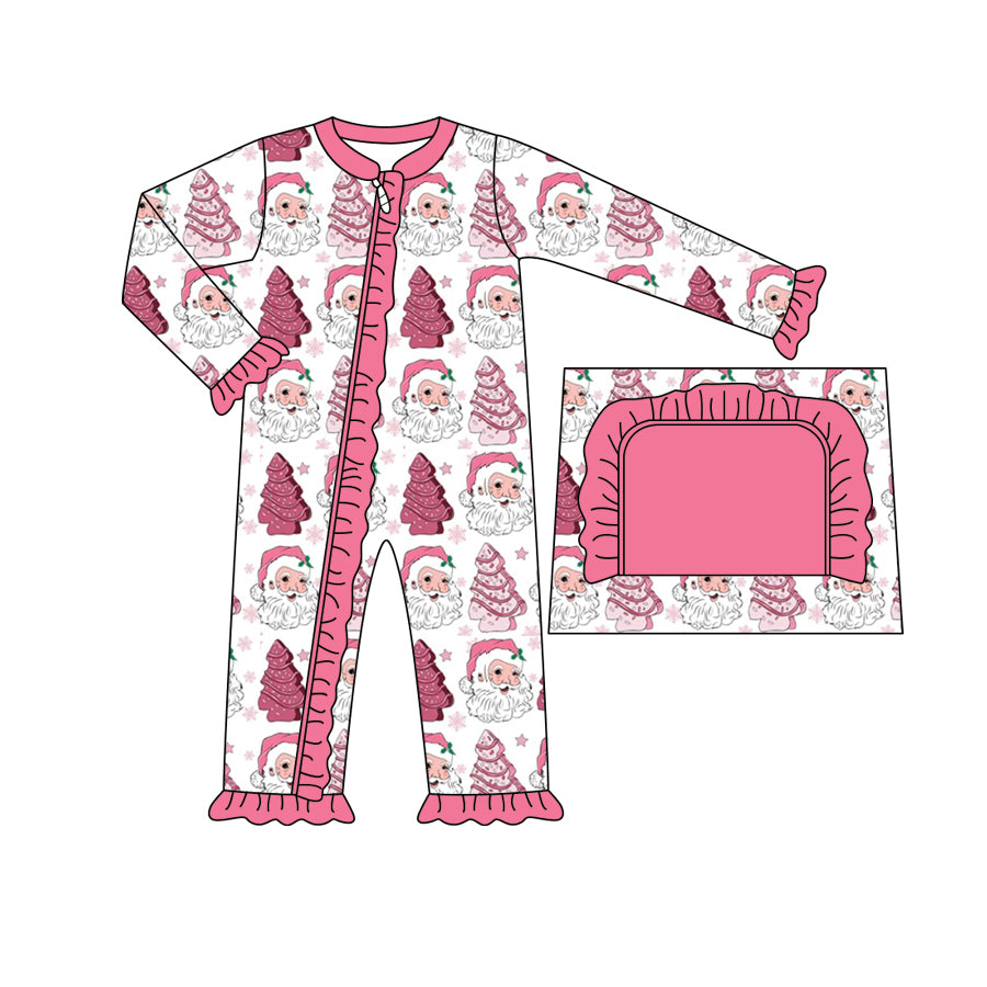 preorder LR1358 Christmas Santa tree hot pink long sleeve girls romper