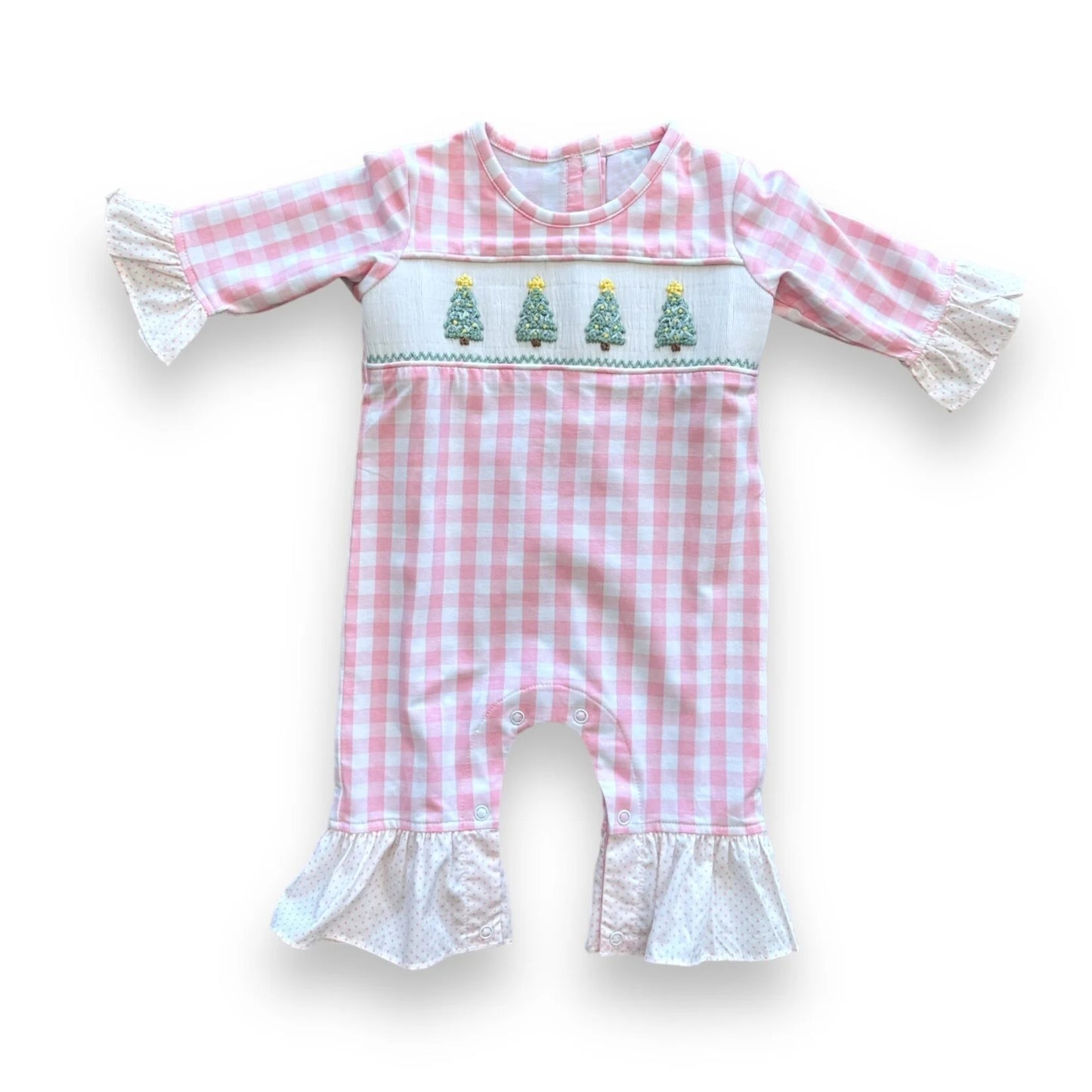 preorder LR1367 Christmas tree pink checkered long sleeve girls romper