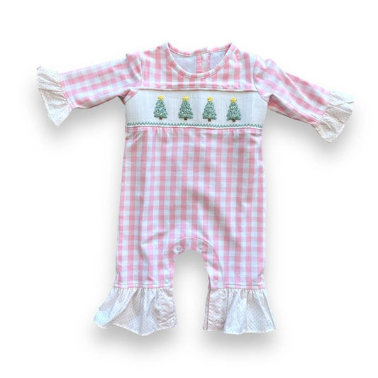 preorder LR1367 Christmas tree pink checkered long sleeve girls romper