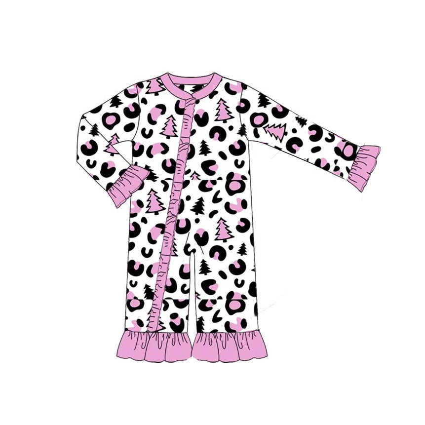 preorder LR1371 Christmas tree purple leopard long sleeve girls zipper romper