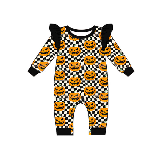 preorder LR1388 Halloween pumpkin black checkered long sleeve girls romper