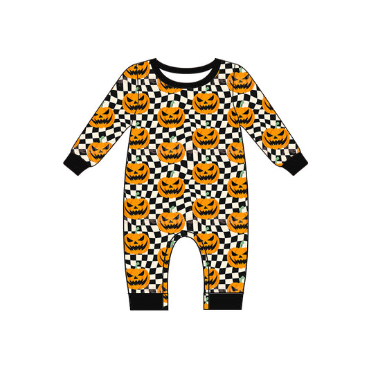 preorder LR1389 Halloween pumpkin black checkered long sleeve boys romper