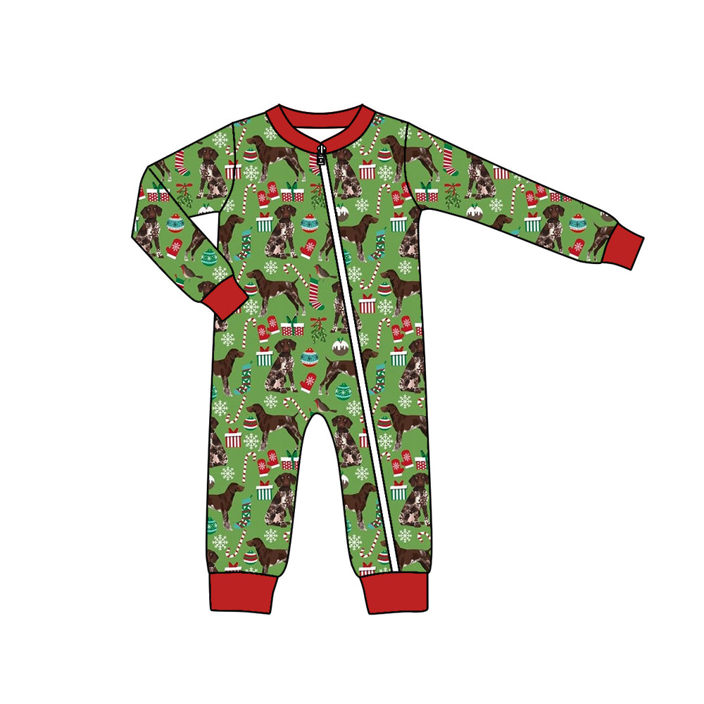 preorder LR1392 Christmas cane candy dog green long sleeve zipper boys romper