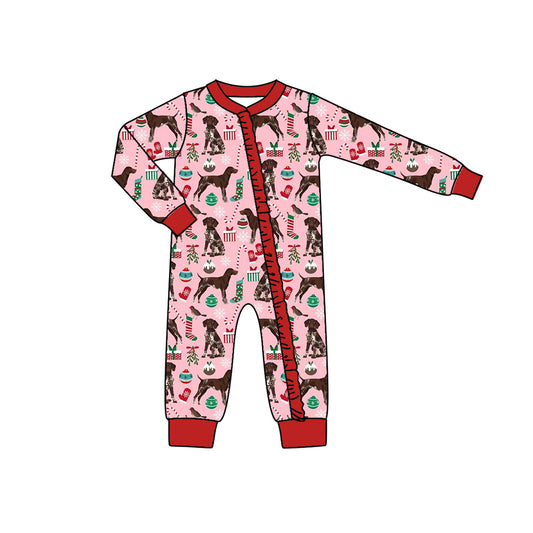 preorder LR1393 Christmas cane candy dog red long sleeve zipper girls romper