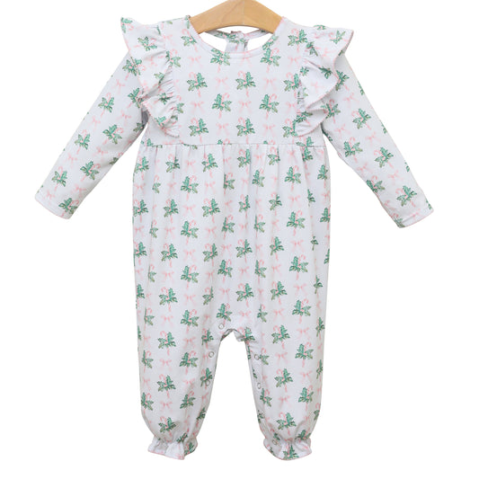 preorder LR1404 Christmas holly berry cane candy pink bows long sleeve girls romper