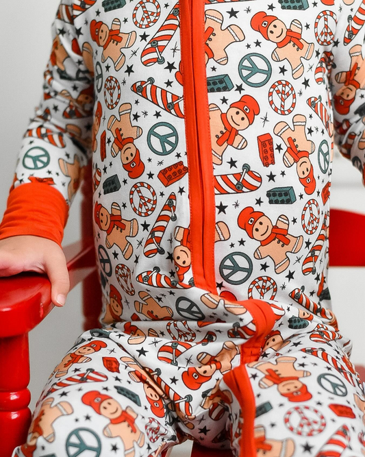 preorder LR1418 Christmas gingerbread man cane candy sleeve zipper girls romper