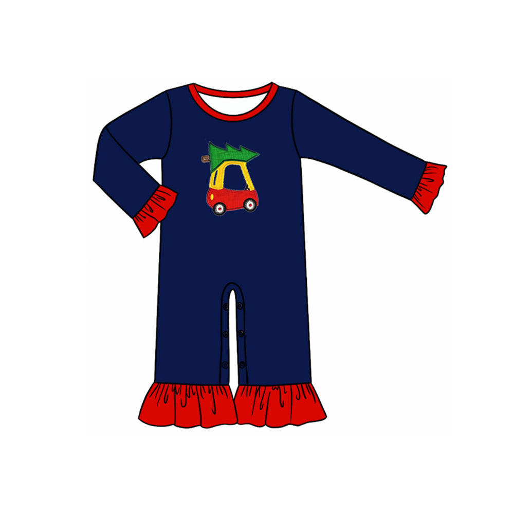 preorder LR1421 Christmas tree golf car navy blue long sleeve girls romper