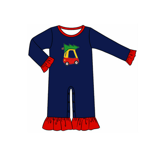 preorder LR1421 Christmas tree golf car navy blue long sleeve girls romper