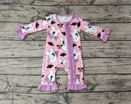 preorder LR1424 Halloween spooky boo pink long sleeve zipper girls romper