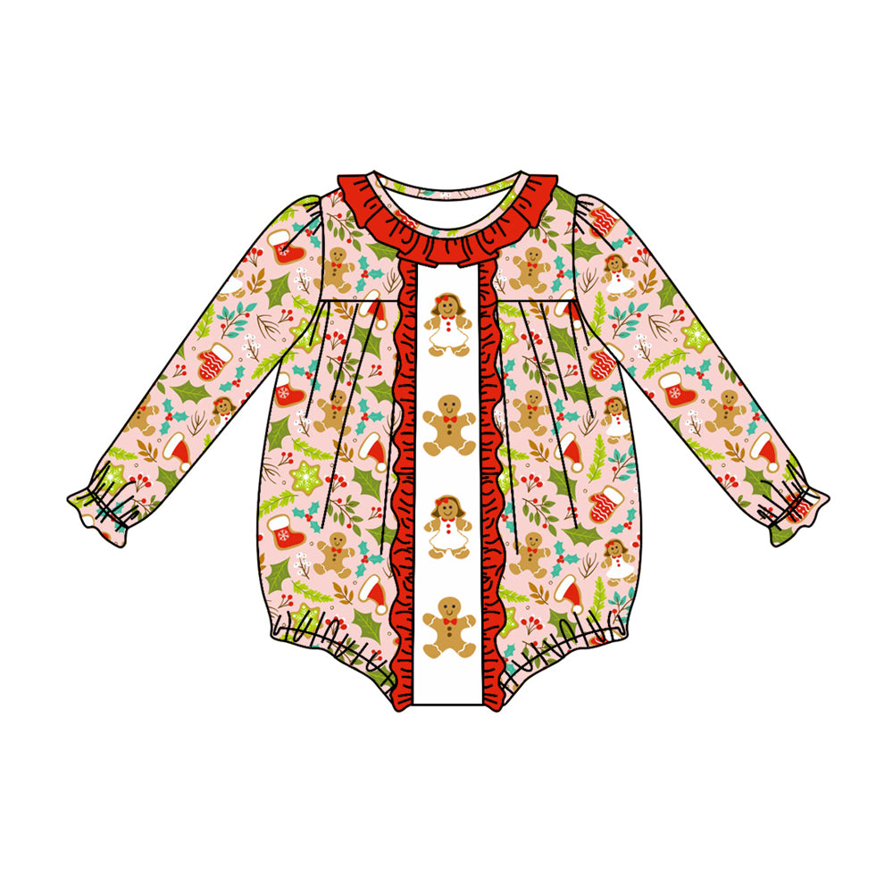 preorder LR1427 Christmas gingerbread man long sleeve girls romper