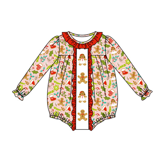 preorder LR1427 Christmas gingerbread man long sleeve girls romper