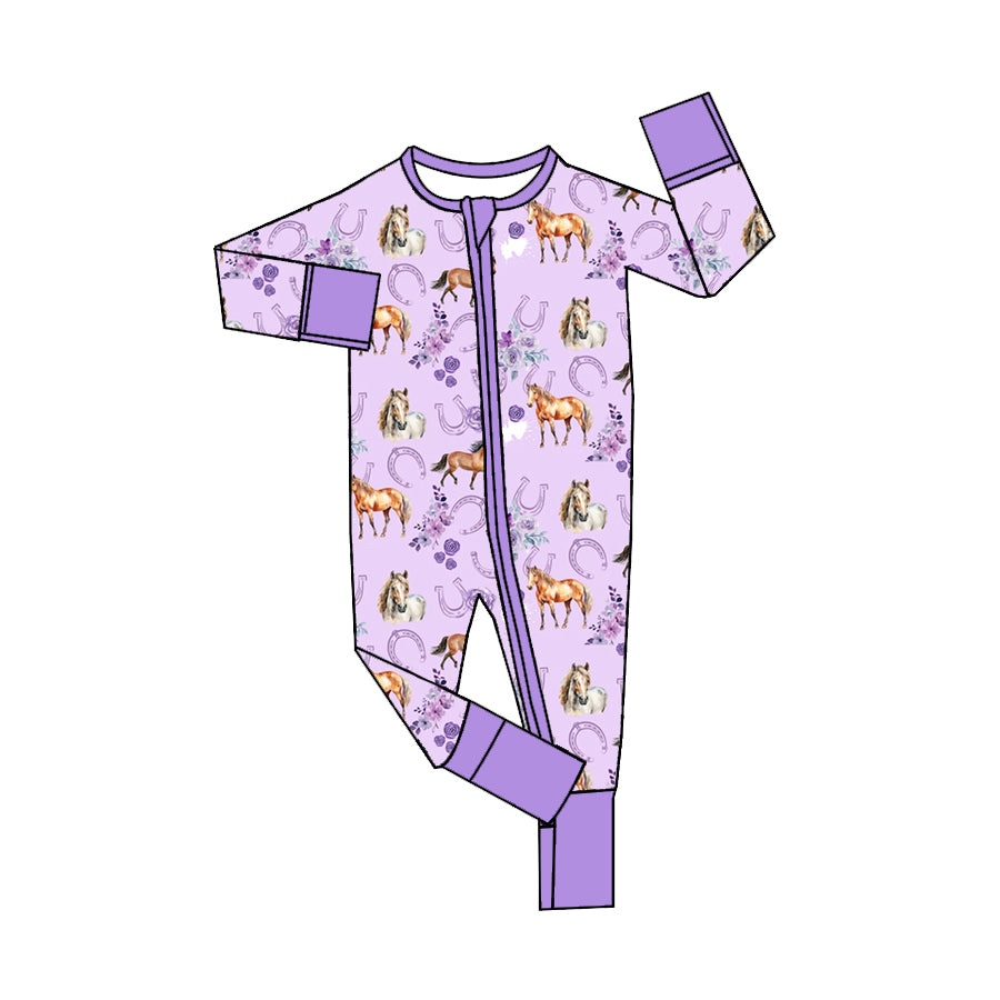 preorder LR1445 Western horse flowers purple long sleeve zipper girls romper