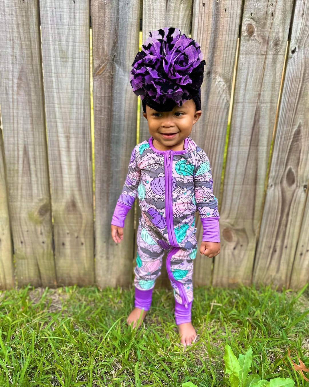 preorder LR1458 purple pumpkin checkered long sleeve zipper girls romper