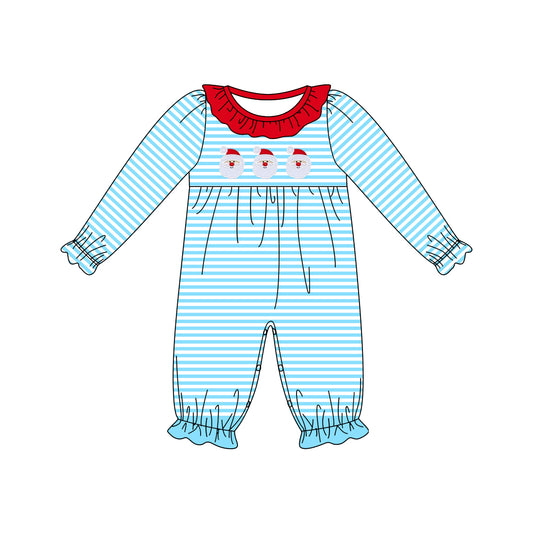 preorder LR1474 Christmas Santa blue striped long sleeve girls romper