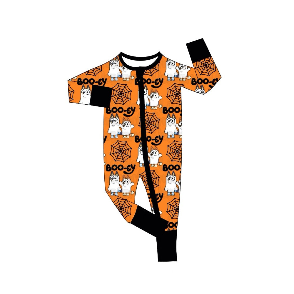 preorder LR1483 Halloween boo blue dog orange long sleeve zipper boys romper