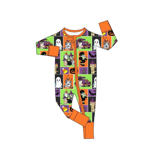 preorder LR1485 Halloween spooky blue dog green orange checkered long sleeve boys romper