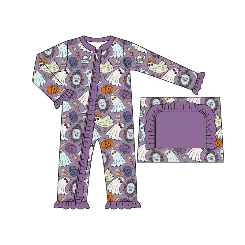 preorder LR1486 Halloween spooky pumpkin purple long sleeve zipper girls romper