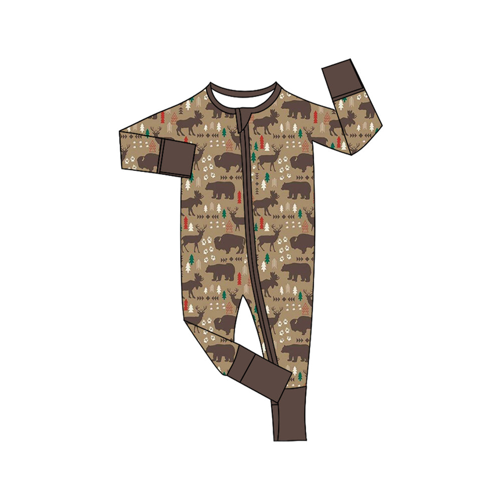 preorder LR1489 Christmas animals tree brown long sleeve zipper boys romper