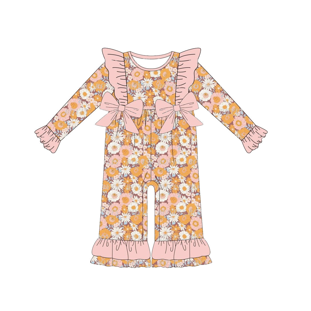 preorder LR1494 orange flowers pink long sleeve girls romper