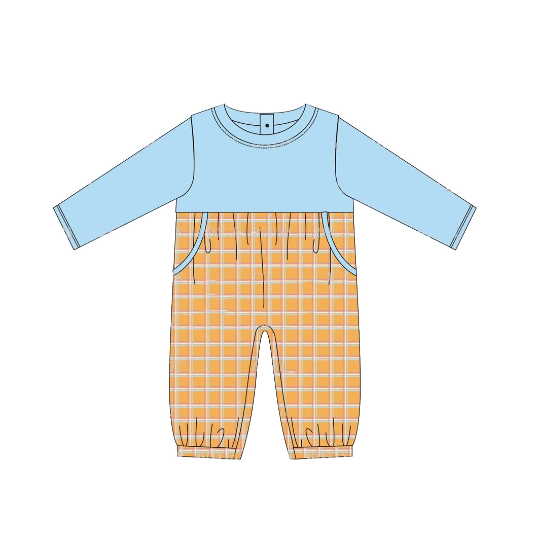 preorder LR1495 blue orange checkered long sleeve boys romper