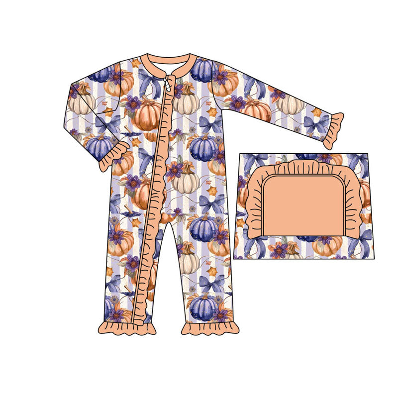preorder LR1498 orange pumpkin flowers purple striped long sleeve zipper girls romper