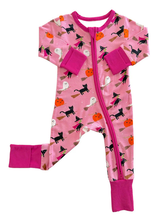 preorder LR1502 Halloween pumpkin spooky cat hot pink long sleeve girls zipper romper