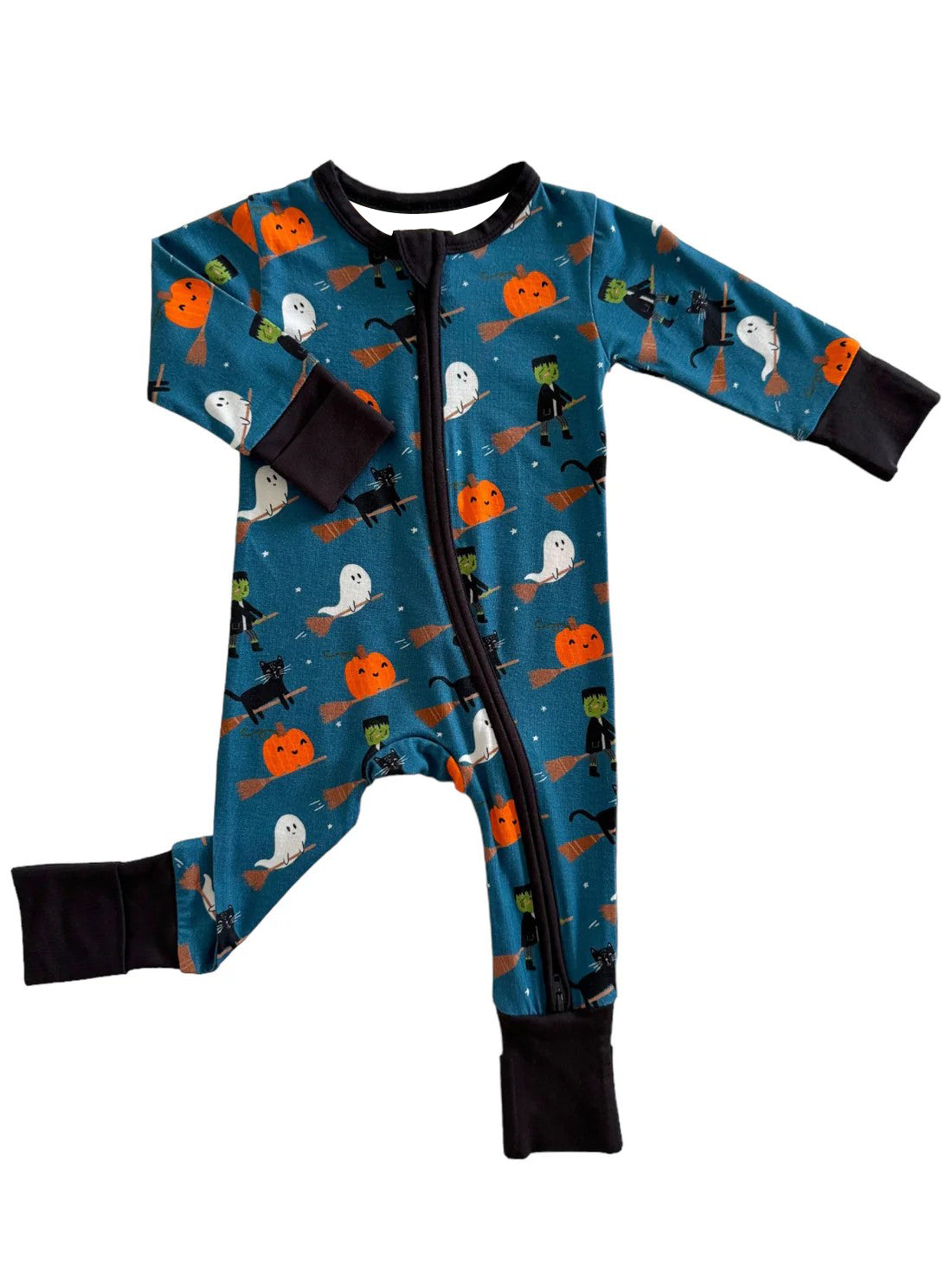 preorder LR1503 Halloween pumpkin spooky cat blue long sleeve girls zipper romper