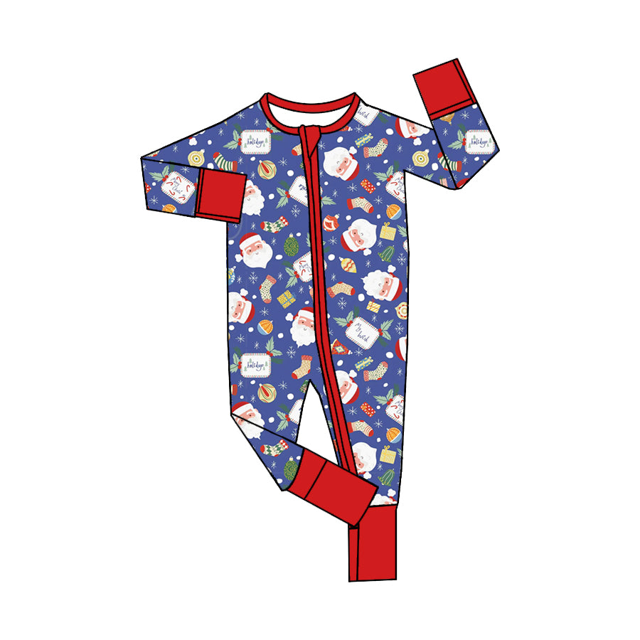 preorder LR1506 Christmas Santa holly berry blue long sleeve zipepr boys romper