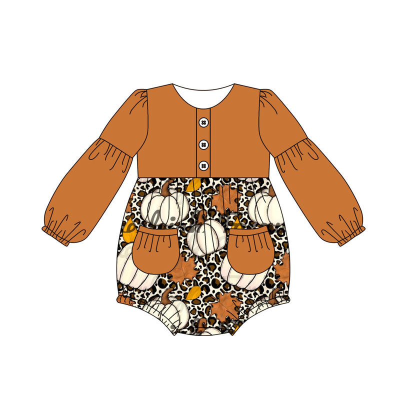 preorder LR1513 Autumn pumpkin leopard orange long sleeve girls romper