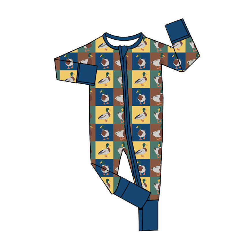 preorder LR1514 cute mallard duck checkered long sleeve zipper boys romper
