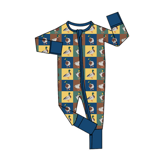preorder LR1514 cute mallard duck checkered long sleeve zipper boys romper