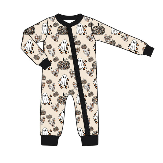 preorder LR1515 Halloween spooky pumpkin leopard long sleeve zipper girls romper