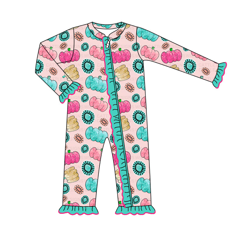 preorder LR1527 Western pumpkin turquoise blue long sleeve zipper girls romper