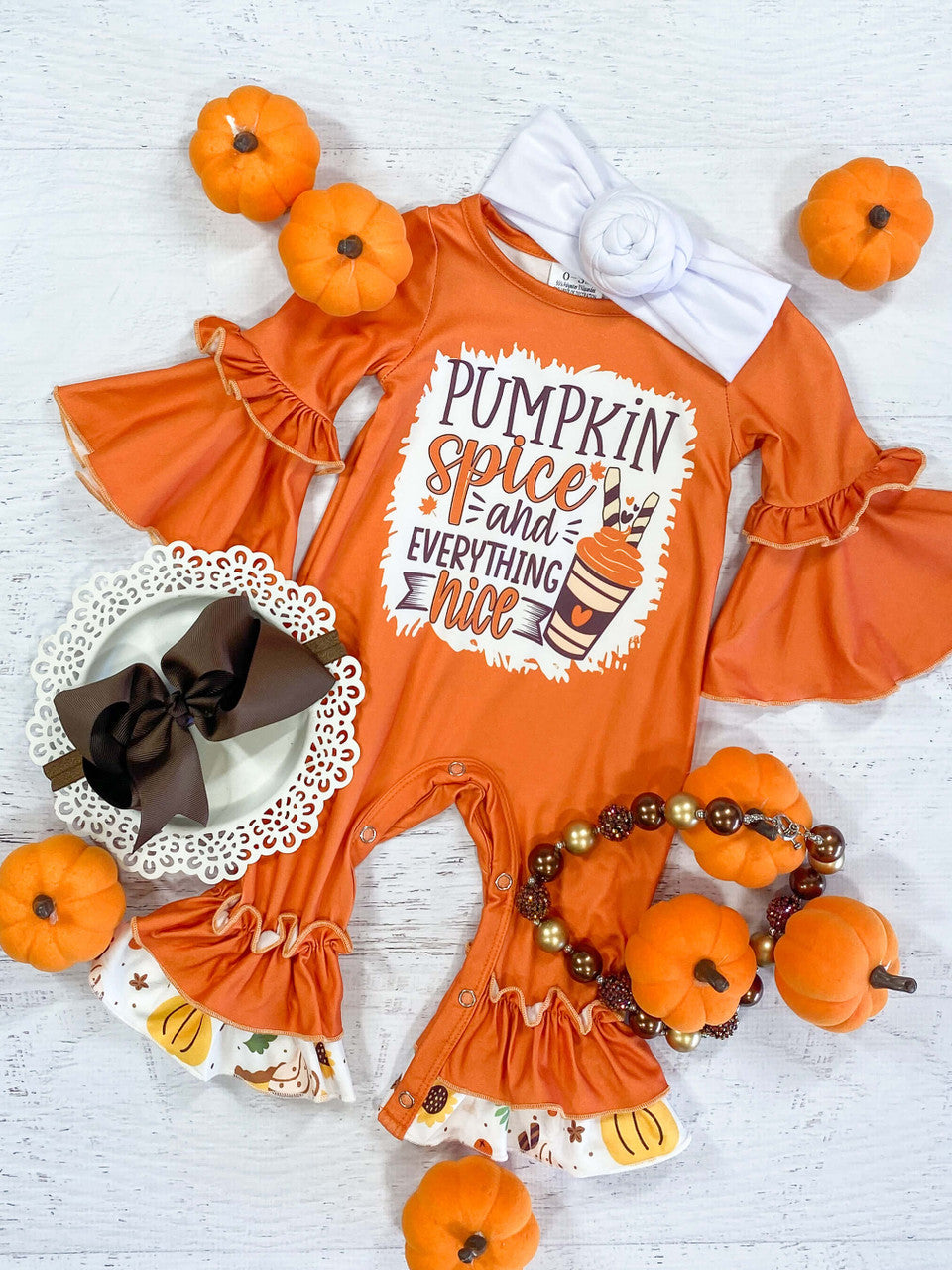 preorder LR1528 pumpkin spice pie orange long sleeve girls romper