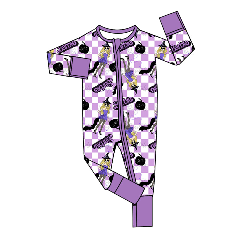 preorder LR1530 Halloween cartoon BA purple checekred long sleeve zipper girls romper