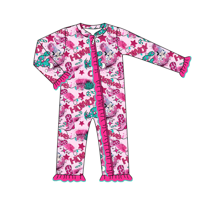 preorder LR1531  Christmas Western howdy boot hot pink long sleeve zipper girls romper