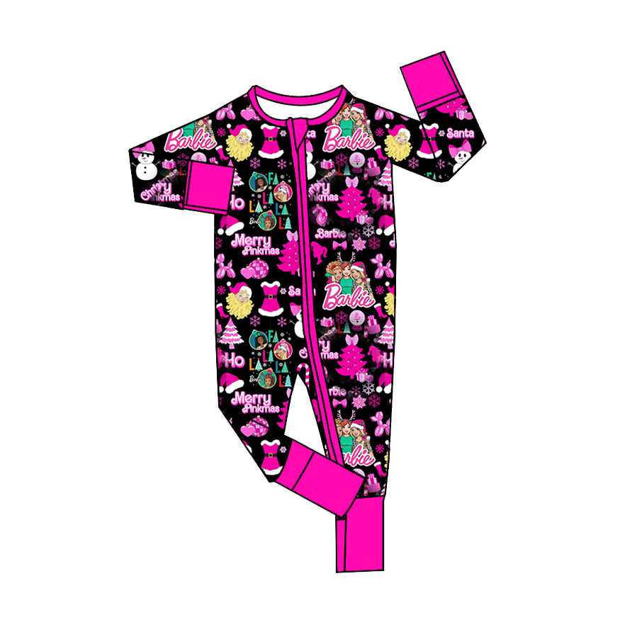 preorder LR1532 Christmas merry pinkmas BA hot pink long sleeve zipper girls romper