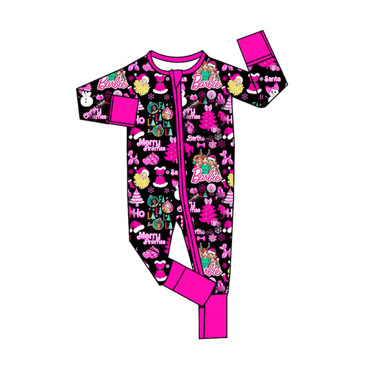 preorder LR1532 Christmas merry pinkmas BA hot pink long sleeve zipper girls romper