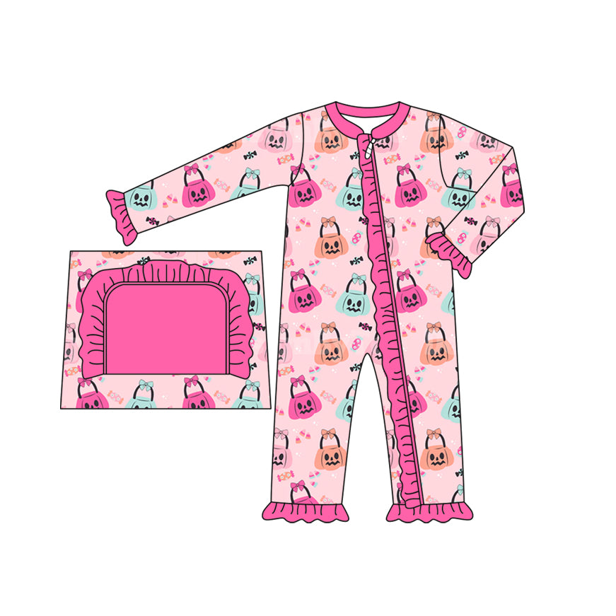 preorder LR1540 Halloween pumpkin hot pink long sleeve zipepr girls romper